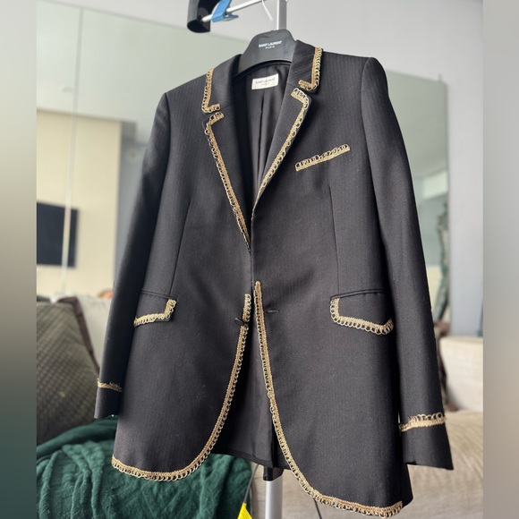 Saint Laurent Women’s Black Blazer with Gold Braiding - Size 40 Wool